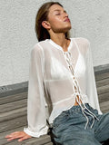 White Chiffon Small Vertical Collar Design Sense Rope Women's Shirt 2025 Autumn And Winter Fashion New Top 68HZ