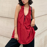 Summer Fashion Elegant Loose Hanging Neck Bare Back Temperament Red Cotton Dress Temperament Short Dress Girl 68HZ