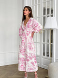 Autumn Fashion Temperament V Collar Lantern Sleeves With Dress Cotton Linen Dress 68HZ