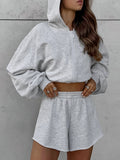 2025 Autumn Hooded Long-Sleeved Sweaty Loose Shorts Two-Piece Set Of Casual Sports Suit Gray Woman 68HZ