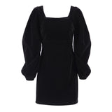 Autumn 2025 New Square Collar Black Bubble Sleeve Long Sleeve Gold Velvet Dress Women's Dress With Hip Skirt 68HZ