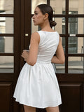 New Buckle Folded Square Collar Sleeveless Ladies Dress Summer Body White Cotton A Skirt 68HZ