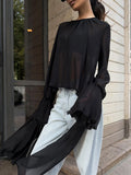 Chiffon Shirt Women's Black Mesh Irregular Niche Design Round Neck Lotus Leaf Sleeve Long Sleeve Top 68HZ