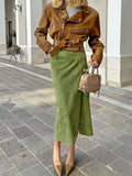Vintage Green Velvet Straight Straight High Waist Skirt 2025 Autumn Frosted Velvet New Body Dress 68HZ