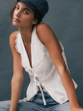 Summer Fashion New White Cotton Collar Lace Sexy Sleeveless Body-Claw Tie French Casual Vest Woman 68HZ