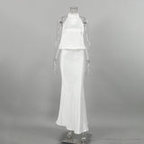 2025 New Imitation Acetic Acid Butt White Sleeveless Hanging Neck Vest Fishtail Skirt Set Summer Fashion 68HZ