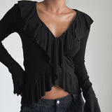 Knitting Body V Collar Lotus Leaf Side Design T-Shirt Commuting Women's Clothing 2025 Autumn And Winter New 68HZ