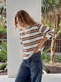 Vintage Collared Striped Knitted Women's Autumn British Style Polo Collar Slimming Leisurely Long-Sleeved T-Shirt 68HZ