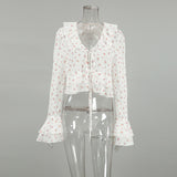 French Elegance Chiffon Print Autumn Body-Repair Sexy V-Neck Horn Sleeve With Lotus Leaf-Side Shirt Woman 68HZ