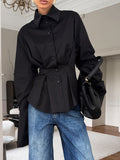 Court-Style White Cotton Shirt Female High-End Luxury Folding Waist Long-Sleeved Collar Shirt 68HZ