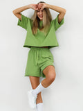 Green Fashion Casual Sports Set Women's Short Sleeve T-Shirt Shorts Two-Sleeve 2025 Summer 68HZ