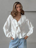 French White Jabs Pure Cotton Leaves Edge V-Neck Shirt 2025 Summer Fashion New Top Woman 68HZ