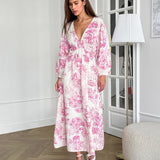Autumn Fashion Temperament V Collar Lantern Sleeves With Dress Cotton Linen Dress 68HZ