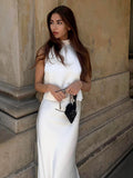 2025 New Imitation Acetic Acid Butt White Sleeveless Hanging Neck Vest Fishtail Skirt Set Summer Fashion 68HZ