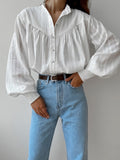 2025 Autumn Dress Simple Elegant French Cotton Collar Shirt Women Loose White Bottom Bubble Sleeve Shirt 68HZ