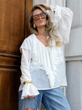 Autumn Texture V Collared Horn Horn Sleeve Shirt Female White Chiffon 68HZ