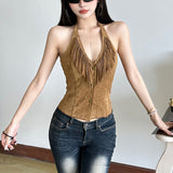 2025 Summer New Solid Color Sexy Hanging Neck Single Buckle Body Open-Enavel Vest Woman 68HZ