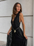 2025 Sexy Black Lace Temperament Dress With Sexy V-Neck Loose-Back Women's Dress 68HZ