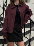 2025 Autumn Wine Red Collar Long-Sleeved Coat Women Slimming Trend High Street Leather Jacket 68HZ