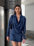 Autumn And Winter Elegant Blue Temperament Soft And Dumb Color Butt Irregular Collar Long Sleeves Short Dress Dress Woman 68HZ