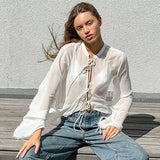 White Chiffon Small Vertical Collar Design Sense Rope Women's Shirt 2025 Autumn And Winter Fashion New Top 68HZ