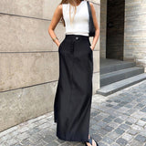 Black Silk Dress Women's Dress 2025 Spring Open High Waist Temperament Commuter Color Half Skirt 68HZ