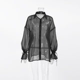 Black Sexy Mesh Collar Bubble Sleeve Lady Shirt 2025 New Autumn Fashion Women's Top 68HZ
