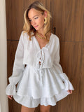 Autumn Women's Clothing 2025 Cotton Small Fresh V-Neck Lantern Sleeve With Wide Leg Pants Fashion Jumpsuit 68HZ