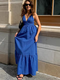 French Holiday Style Blue Cotton-Cotton V-Necked Ribbon Ribbon Dress 2025 New Long Dress 68HZ