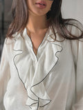 New Fashion Commuting Color Lotus Leaf Side Long-Sleeved Lady Shirt Spring And Summer Temperament Comfortable Cardigan Women's Clothing 68HZ