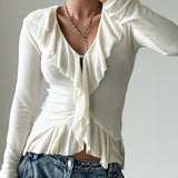 Knitting Body V Collar Lotus Leaf Side Design T-Shirt Commuting Women's Clothing 2025 Autumn And Winter New 68HZ