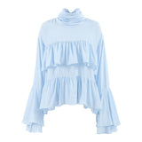 Blue High-Collar Temperament Horn Sleeves Of The Lady's Shirt 2025 Spring And Summer Fashion New Top 68HZ