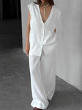 White V-Neck Cotton Sleeveless Vest Trousers Set 2025 Spring And Summer Fashion New Two-Piece Women 68HZ