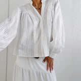 2025 New Top Lady Autumn Lazy Wind French V Lace Lantern Sleeve Design Shirt 68HZ