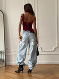 Hottie Bleeves With Broken Jeans Ladies Spring And Summer Vintage Light Blue Straight Drag Broad Legs Girl 68HZ