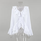 French Chiffon V-Neck Horn Sleeve Leaf Leaf Long-Sleeved Shirt 2025 Spring/Summer Fashion New T-Shirt 68HZ