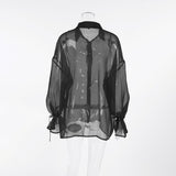Black Sexy Mesh Collar Bubble Sleeve Lady Shirt 2025 New Autumn Fashion Women's Top 68HZ