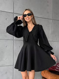 Spring 2025 Black Design Doll Collar Horn Sleeve French Long-Sleeved Dress Dress Dress Dress Dress Women 68HZ