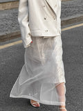 Autumn French Classic Fashion Sexy Perspective White Mesh High-Waisted Straight Straight-Up Open Skirt Woman 68HZ