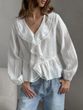 French White Jabs Pure Cotton Leaves Edge V-Neck Shirt 2025 Summer Fashion New Top Woman 68HZ