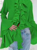 White Chiffon Design Round Collar Horn Sleeve Lotus Leaf Side Women's Shirt 2025 Spring And Summer New Fashion Woman 68HZ