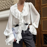Autumn Women's Design Feel The Leaves Edge V Collar Long Sleeve Tie With Fashion French Shirt Woman 68HZ