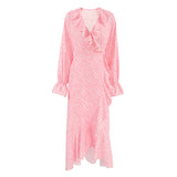 Gentle Wind Pink Temperament Lotus Leaf Side V Collar Sleeve Fishtail Dress Autumn Lace Long Skirt 68HZ