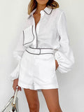 Casual Fashion Cotton Long Sleeve Set Women's Summer Design Feeling Black And White Bump Shirt Shorts Two-Piece Set 68HZ