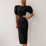 2025 Summer New Round-Neck Short-Sleeved Temperament Commuting Height Waist Bubble Sleeve Dress Women's Bag And Hip Dress 68HZ