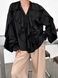 Black V-Necked Lotus Leaf Side Bubble Sleeves Of The Lady's Shirt 2025 Autumn And Winter Fashion New Top 68HZ