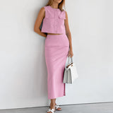Summer Fashion Round Collar Sexy Sleeveless Vest Mid-Rise Open Skirt Two Sets Of Solid Cotton Women's Clothing 68HZ
