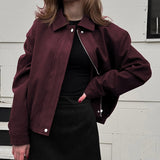2025 Autumn Wine Red Collar Long-Sleeved Coat Women Slimming Trend High Street Leather Jacket 68HZ