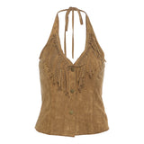 2025 Summer New Solid Color Sexy Hanging Neck Single Buckle Body Open-Enavel Vest Woman 68HZ