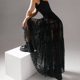 Black Sexy Perspective Lace High Waist Commuting Half-Sleek Dress 2025 New Fashioned Long Dress Woman 68HZ